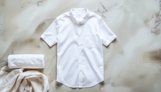 A crisp white short-sleeved button-down shirt neatly folded with a rolled towel, presented on a light-colored textured surface, evoking a sense of clean simplicity and refined casual wear