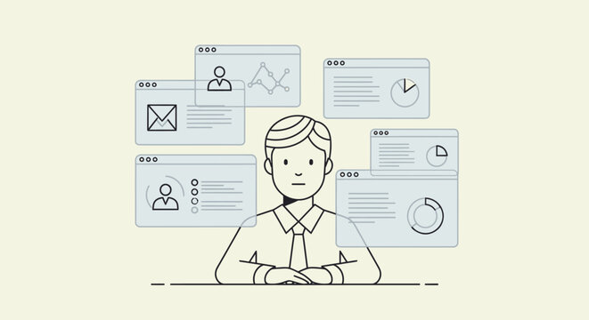 Businessman managing multiple digital tasks and communication interfaces.