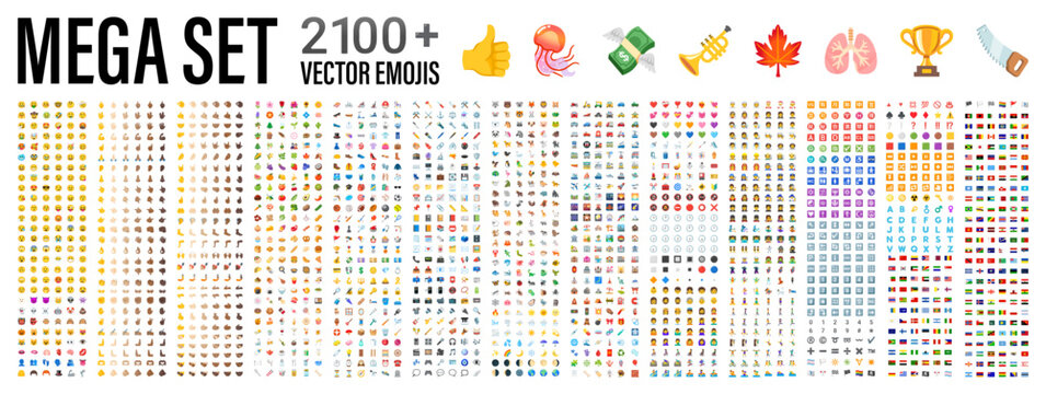 All type of emojis, stickers, emoticons flat vector symbols. All world countries flags, Hands, man, woman, workers, fruit drinks food house, animals, activity, sport icons, collection, vector emojis.