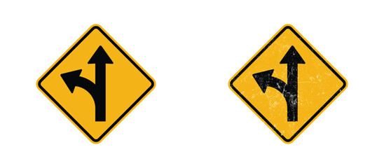 left merge traffic road sign clean and grunge version yellow warning symbol © VectorVista