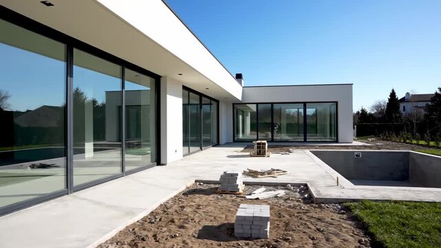 Modern single story house with large glass doors overlooking unfinished backyard patio and pool