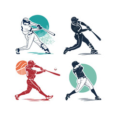 Obraz premium Four baseball players swinging bats in stylized graphic art sport