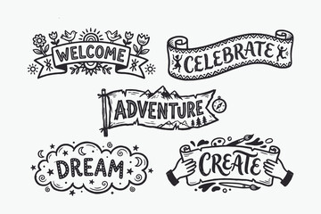 Fototapeta premium Hand-drawn vector typography set of five motivational words: Welcome, Celebrate, Adventure, Dream, Create.