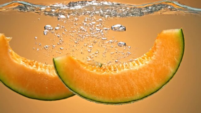 Juicy orange melon dropping underwater for a refreshing summer drink concept