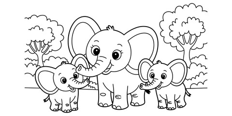 Cute cartoon elephant family with mother and babies in a forest coloring page for kids Vector, illustration © Bobita