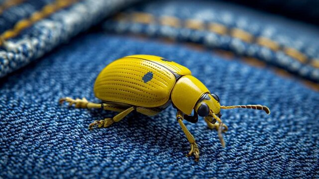 vibrant yellow beetle on blue denim fabric