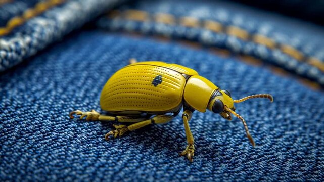 vibrant yellow beetle on blue denim