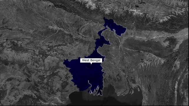 West Bengal Map Overview: An illustrative view of West Bengal's unique geographical shape, highlighted on a detailed map, representing the region's landform and topography.