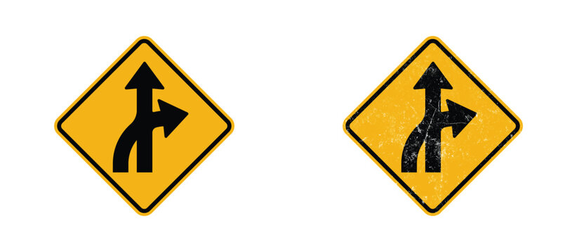 right lane merge traffic road sign clean and grunge version yellow warning symbol