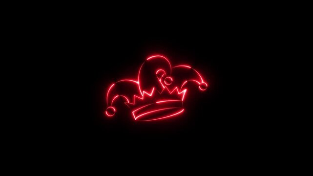 Glowing neon Glowing Neon Jester joker Hat Icon Animation,Neon Clown Hat with Bells, Glowing neon line Joker playing card icon isolated on black background. Jester hat with bells joker Hat Icon
