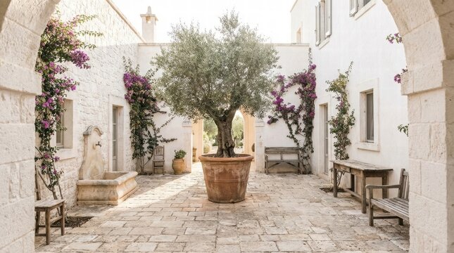 Serenity in an Empty Courtyard with Olive Tree