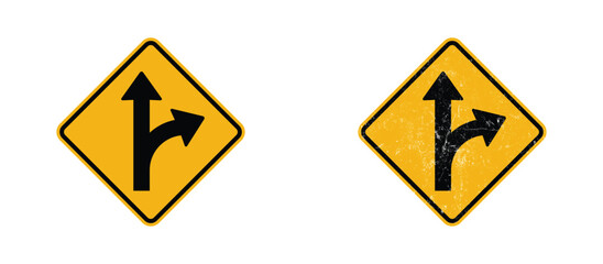 right merge traffic road sign clean and grunge version yellow warning symbol © VectorVista