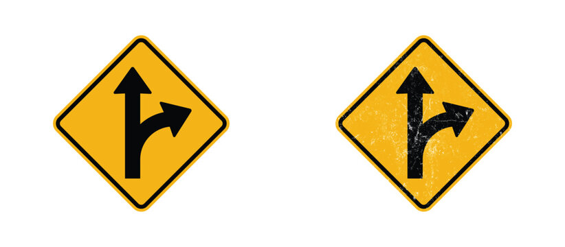right merge traffic road sign clean and grunge version yellow warning symbol