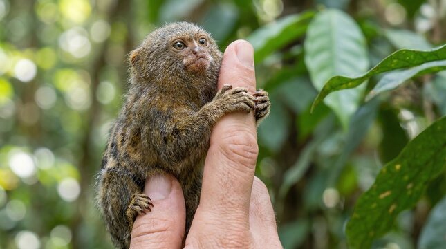 Pygmy Marmoset Clinging to Finger(人の指にしがみつくピグミーマーモセット)