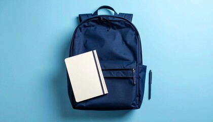 Fototapeta premium Overhead view of a dark blue backpack with a light notebook and pen on a solid blue background.