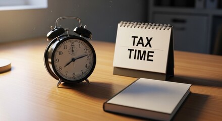 Naklejka premium Clock, calendar, and notepad on a wooden desk, symbolizing tax season