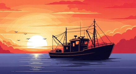 Naklejka premium Fishing boat silhouette against a vibrant sunset seascape illustration.