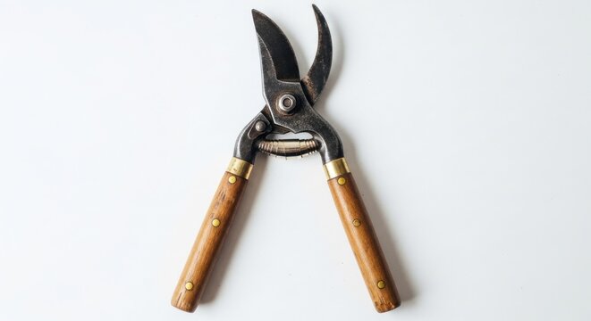 Close-up of open, vintage pruning shears with wooden handles, on white background