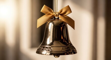 Gleaming golden bell ornament, suspended by a ribbon, against a blurred background