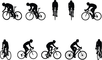 Fototapeta premium Cyclist silhouette vector collection, black road bike icons, racing posture variations, helmeted riders, sports motion design, athletic illustration, white background