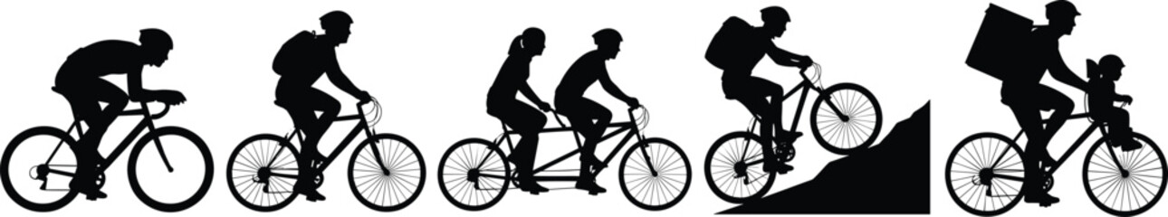 Obraz premium Cyclist silhouettes on different bicycles, road bike, tandem, mountain climbing, delivery rider, parent with child, outdoor cycling vector illustration, black silhouettes