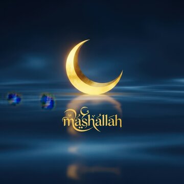 A serene night scene featuring a golden crescent moon and the word mashallah in arabic script