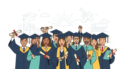 Obraz premium Happy diverse graduating students holding diplomas and celebrating success.