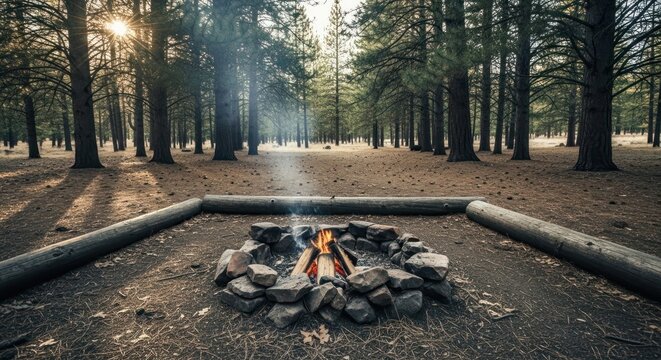Scenic daytime shot of a campfire with burning logs surrounded by logs and a forest