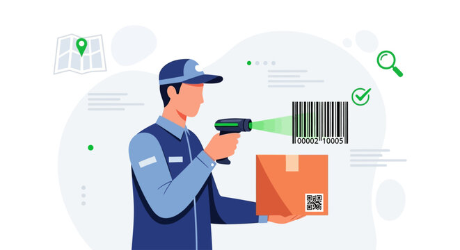 Delivery person scanning a package with a barcode scanner.