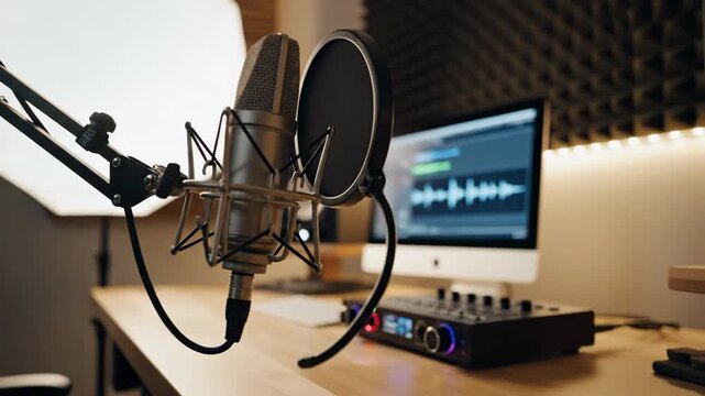 Professional recording studio setup with microphone, computer, and speakers.