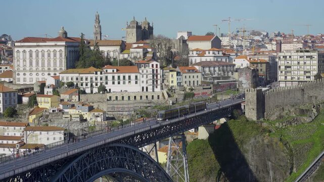 High perspective of Porto's historic center from the bridge area.