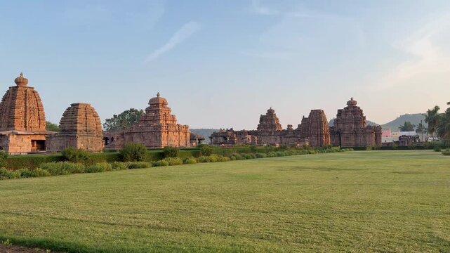 Stunning panoramic view of the Pattadakal temple complex, where majestic stone temples rise in harmony, showcasing the grandeur of Chalukyan architecture and India&rsquo;s timeless heritage