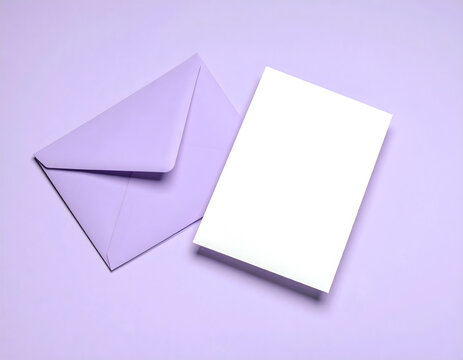 Luxury wedding branding scene with a pastel lilac envelope placed on the left edge blank white invitation card extending toward space solid light lilac background