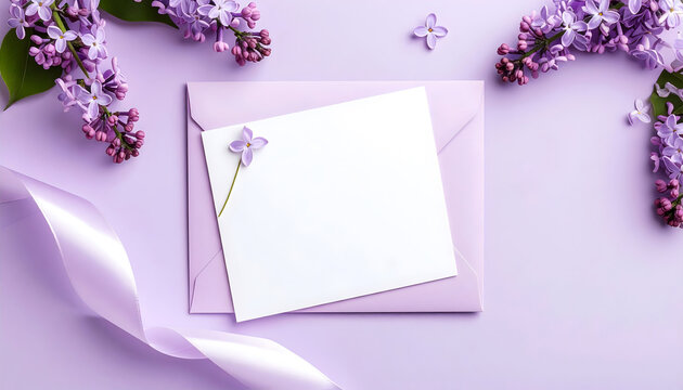 Luxury wedding stationery featuring an elegant pastel lilac envelope centered a blank white invitation card partially emerging solid soft lilac background with floers and ribbon