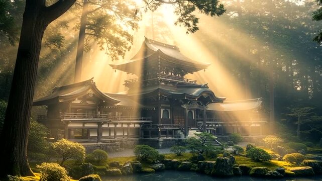 Sunbeams illuminate ancient Japanese temple nestled in a serene forest setting.