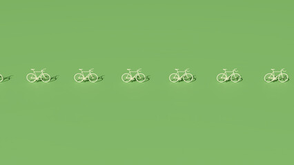 3D rendering of white bicycles arranged in a horizontal line on a green background
