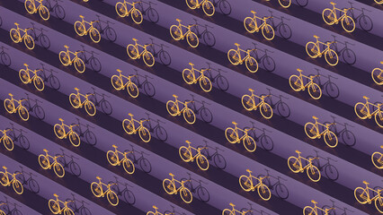 3D rendering of yellow bicycles arranged diagonally on a purple background