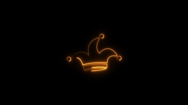 Glowing neon Glowing Neon Jester joker Hat Icon Animation,Neon Clown Hat with Bells, Glowing neon line Joker playing card icon isolated on black background. Jester hat with bells joker Hat Icon
