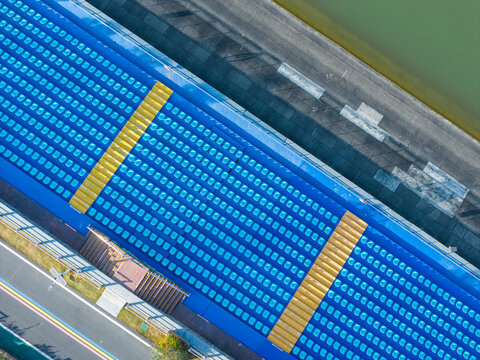 Top-Down View of Blue Stadium Seats with Yellow Borders


