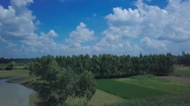 Drone advances over patchwork rural Indian fields of green paddies and brown plots toward distant lush treeline along winding river under expansive blue sky with scattered white clouds.