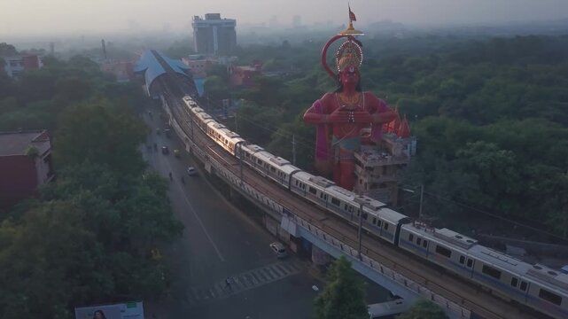 Aerial capture of silver metro train passing directly in front of towering red Hanuman statue in Delhi, amid hazy urban skyline with high-rises, trees, and road traffic during Surise.