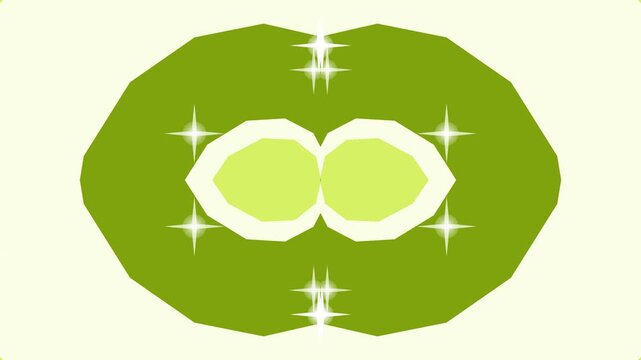 A digitally illustrated green leaf with sparkles and a stylized fruit or nut centerpiece, viewed from directly above, in a flat graphic style.