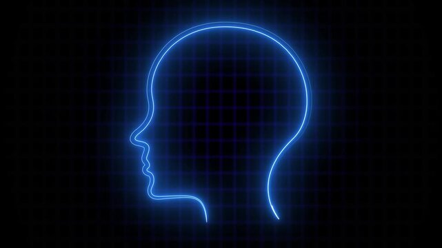 Glowing neon human brain icon animation on black background. 4k motion graphics animation.
