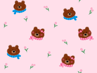 Obraz premium seamless pattern of cute bears and small roses on pink background.