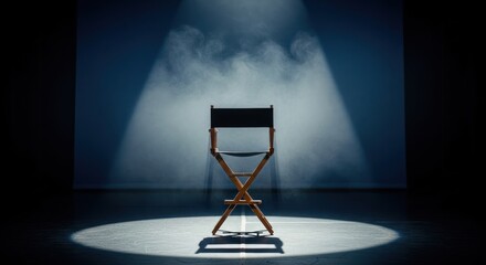 Naklejka premium A single director's chair sits bathed in spotlight on a smokey stage