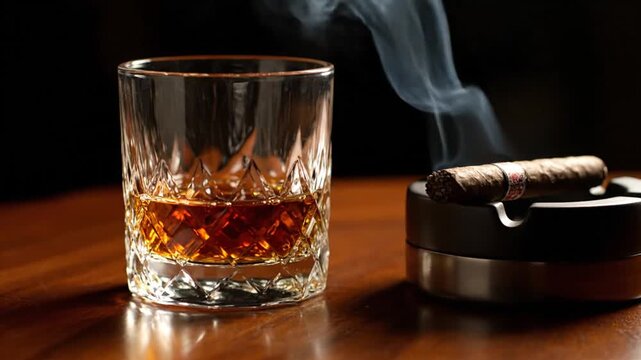 Luxurious whiskey glass with cigar smoke on wooden table.