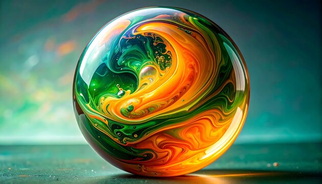 Vibrant colors swirl inside a clear sphere, resting on a subtly textured surface