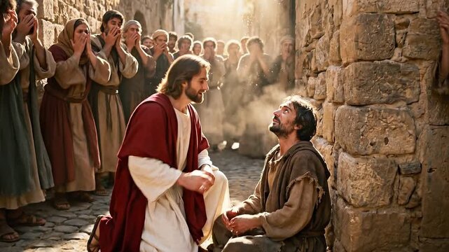 Jesus Christ healing a blind man by touching his eyes in a crowded ancient street, restoring his sight.