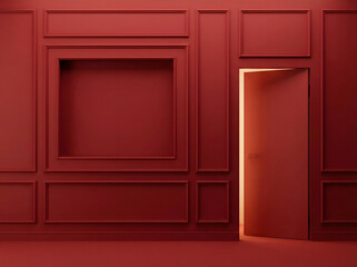 A striking contrast of a moody, deep red minimalist room with an open door revealing a warm, inviting glow, hinting at discovery and new beginnings beyond