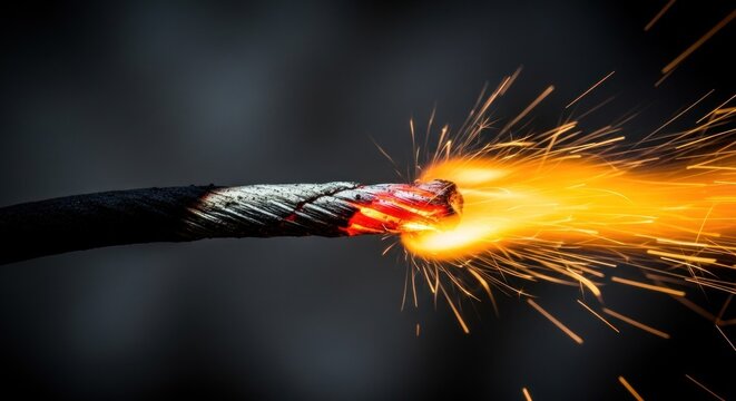 Close-up of a fuse burning with bright sparks, flames, and fiery embers against a dark backdrop